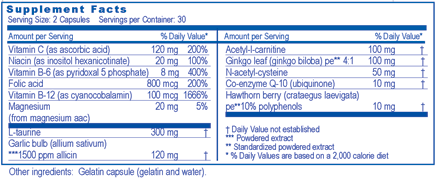 Developed for nutritional supplementation of the cardiovascular system. An excellent product for those with an active lifestyle or for those who are concerned about supporting their heart and cardiovascular system with nutrients including: garlic, ginkgo,hawthorn berry, Co-enzyme Q-10 and more! 