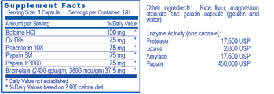 Ultimate™ Enzymes is formulated to support the digestive process. Featuring betain HCl and other important enzymes to support digestive health. Ultimate™ Enzymes® supports good health by helping the body break down carbohydrates, proteins and fats